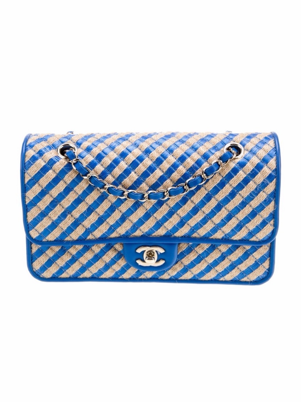 CHANEL Blue and Natural Straw Quilted Shoulder Bag with Chain